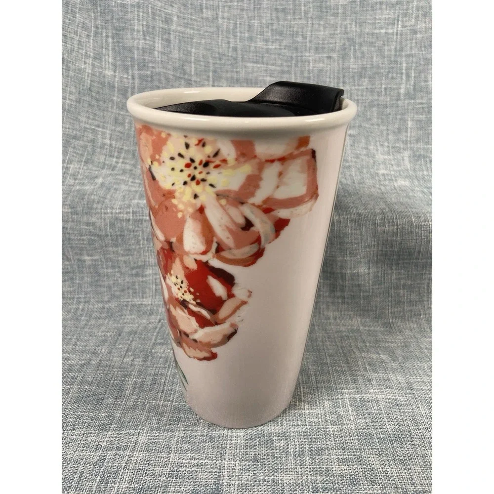 Starbucks 2015 Ceramic Travel Mug Tumbler Floral Poppy 10 oz. Black Plastic Lid